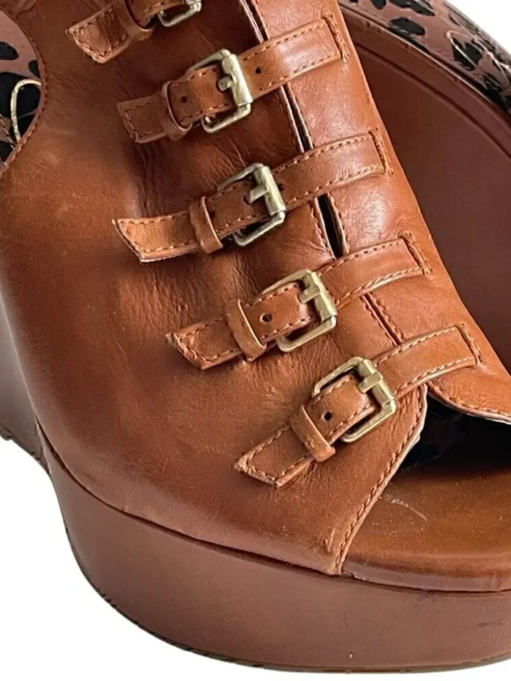 Jessica Simpson Brown Leather Buckle Wedge Platform Sandals | Size 7.5